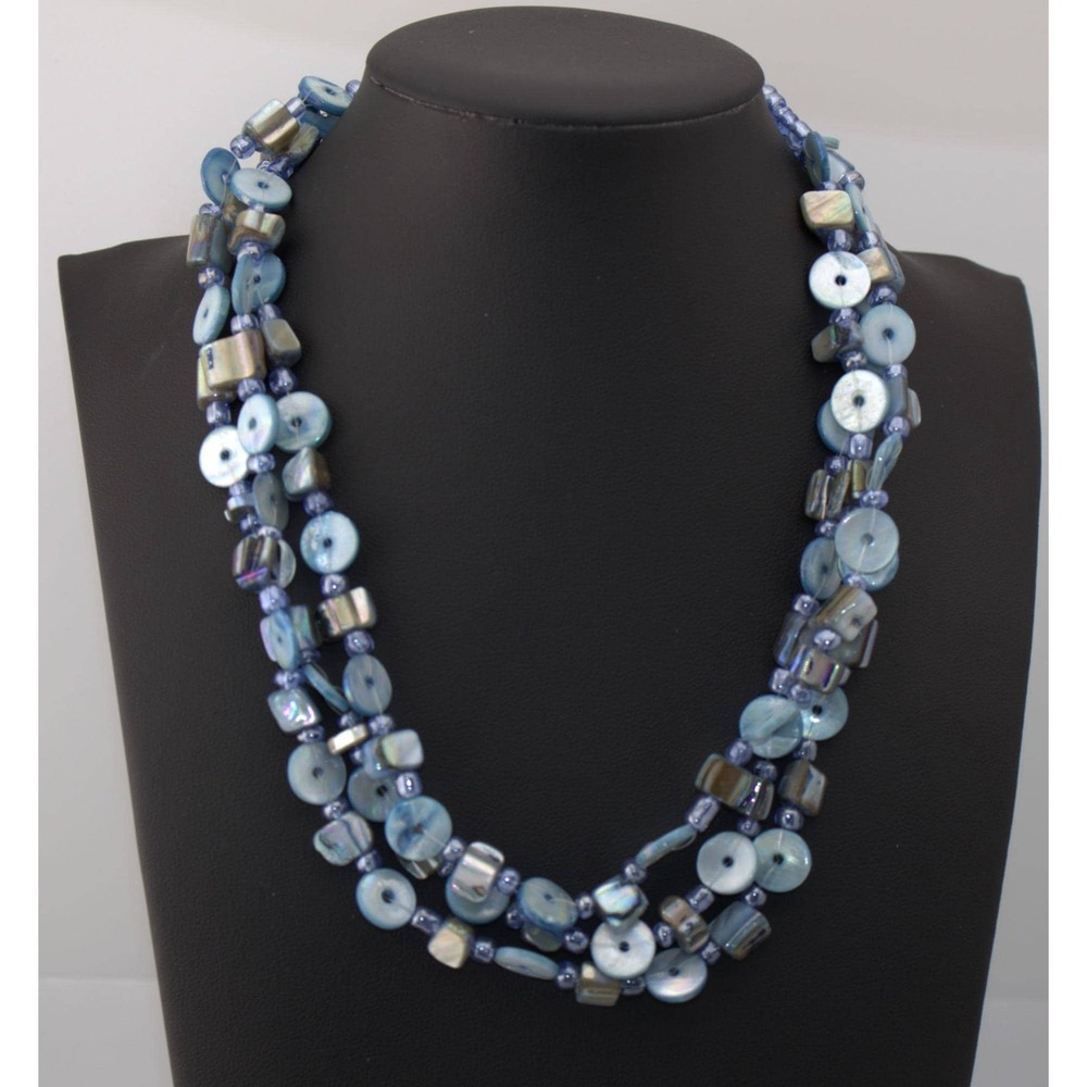 Blue Shell Beaded Necklace Multi Strand Coastal Beach Boho